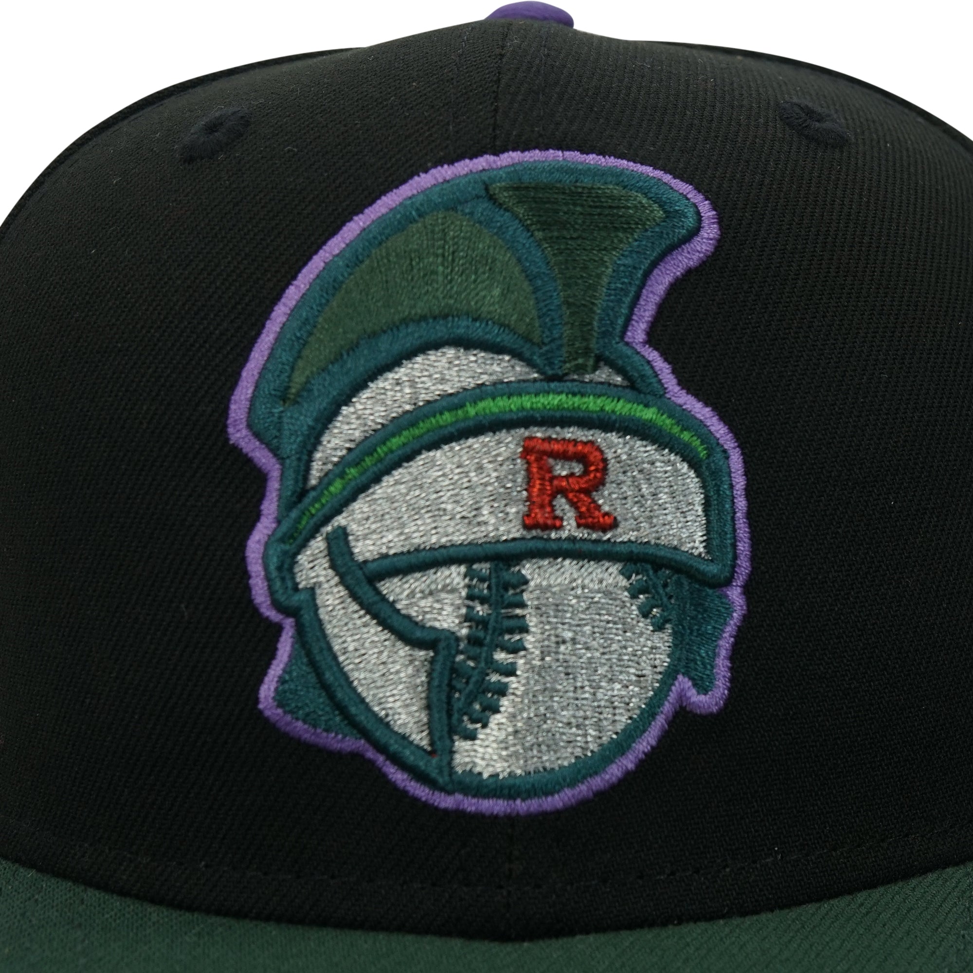 Rome Braves New Era “Metal Face Supervillain” Black Cilantro Varsity Purple 5950 Fitted Cap