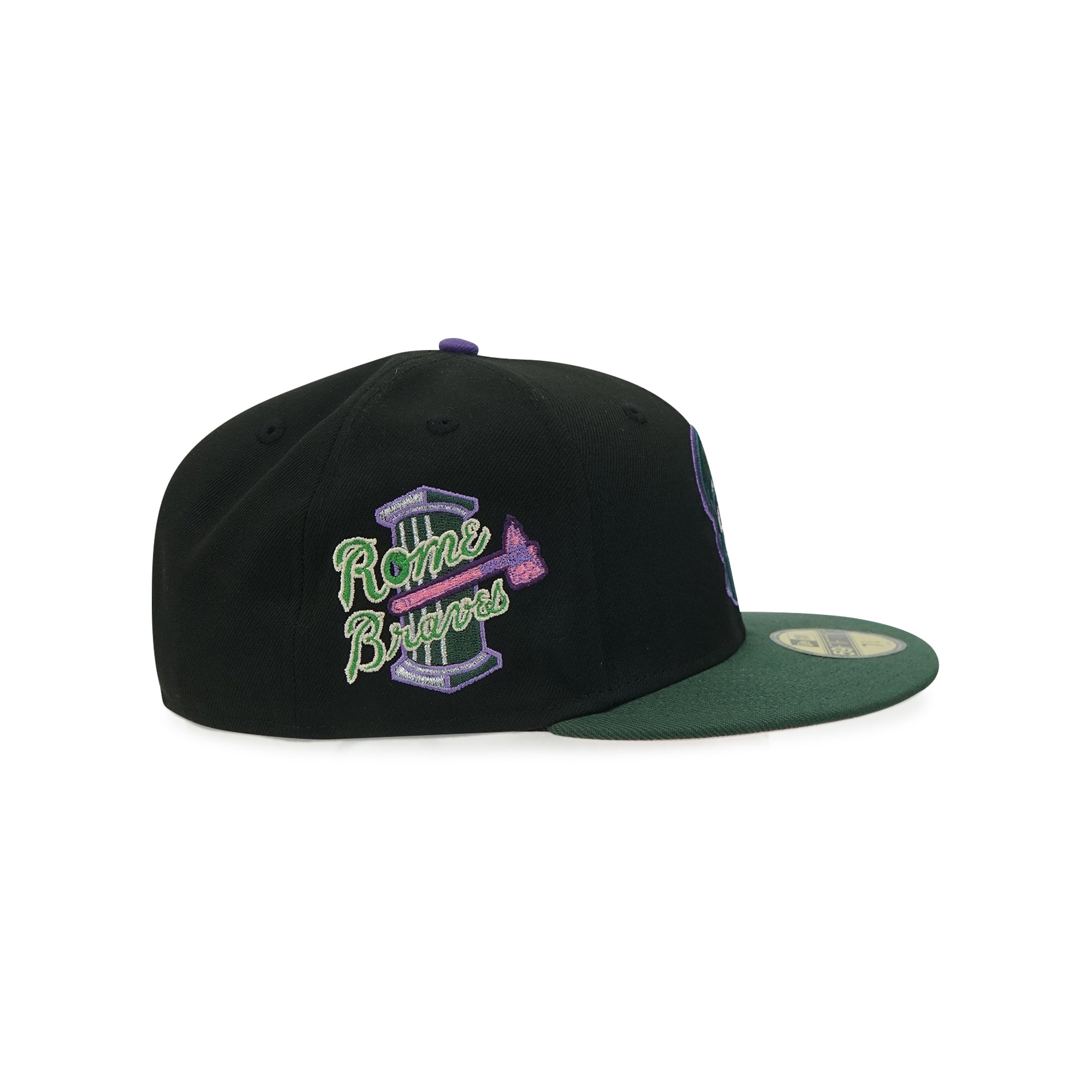 Rome Braves New Era “Metal Face Supervillain” Black Cilantro Varsity Purple 5950 Fitted Cap