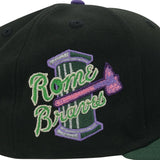 Rome Braves New Era “Metal Face Supervillain” Black Cilantro Varsity Purple 5950 Fitted Cap
